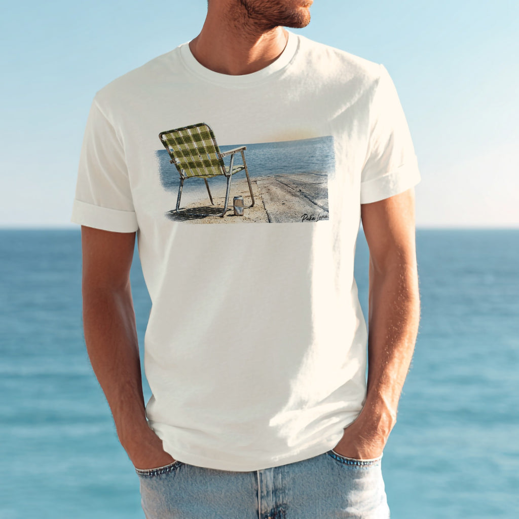 T-shirt with a beach chair and ocean scene printed on it.