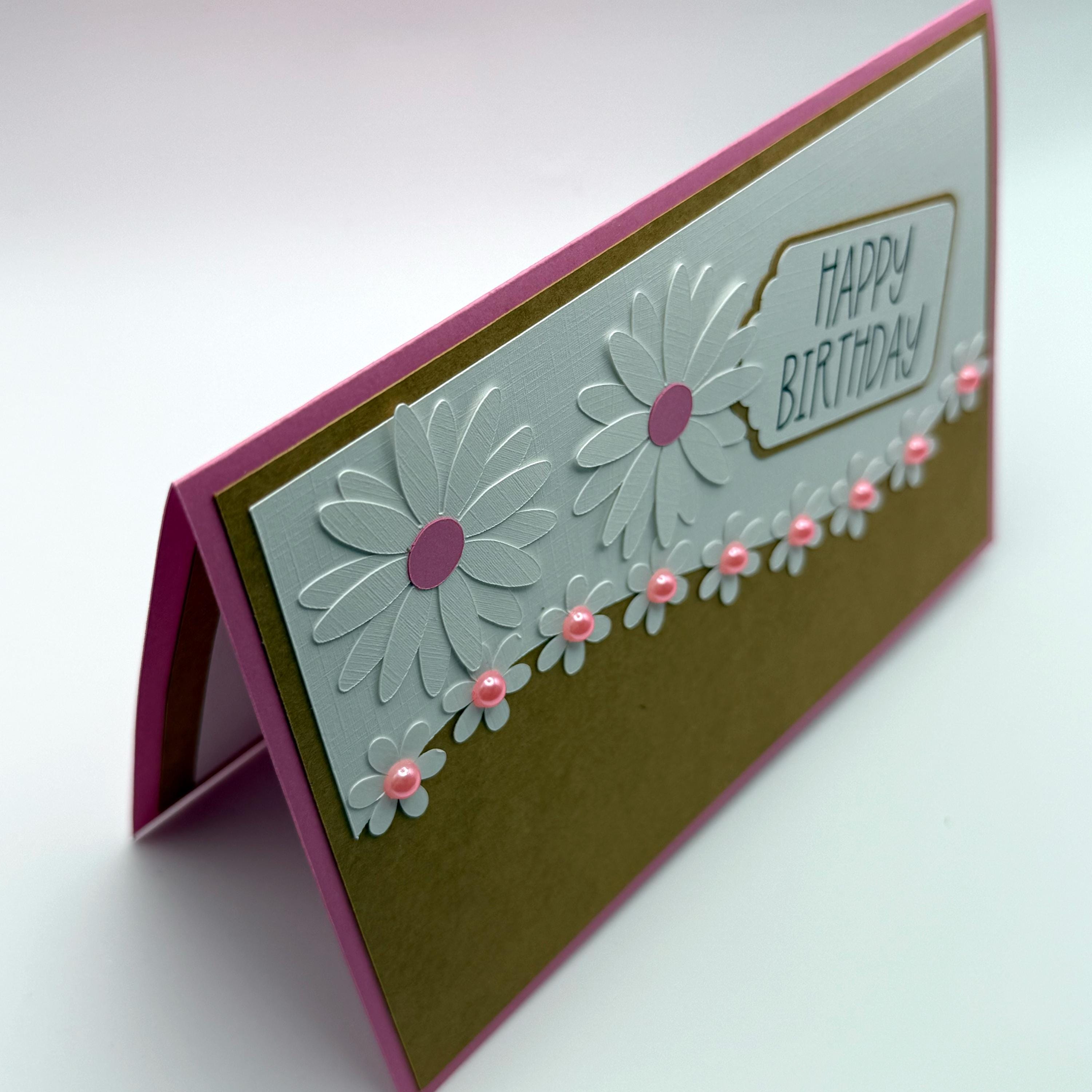 Handcrafted Daisy Birthday Card, Floral Kraft Paper Greeting, Pink Pearl Accents