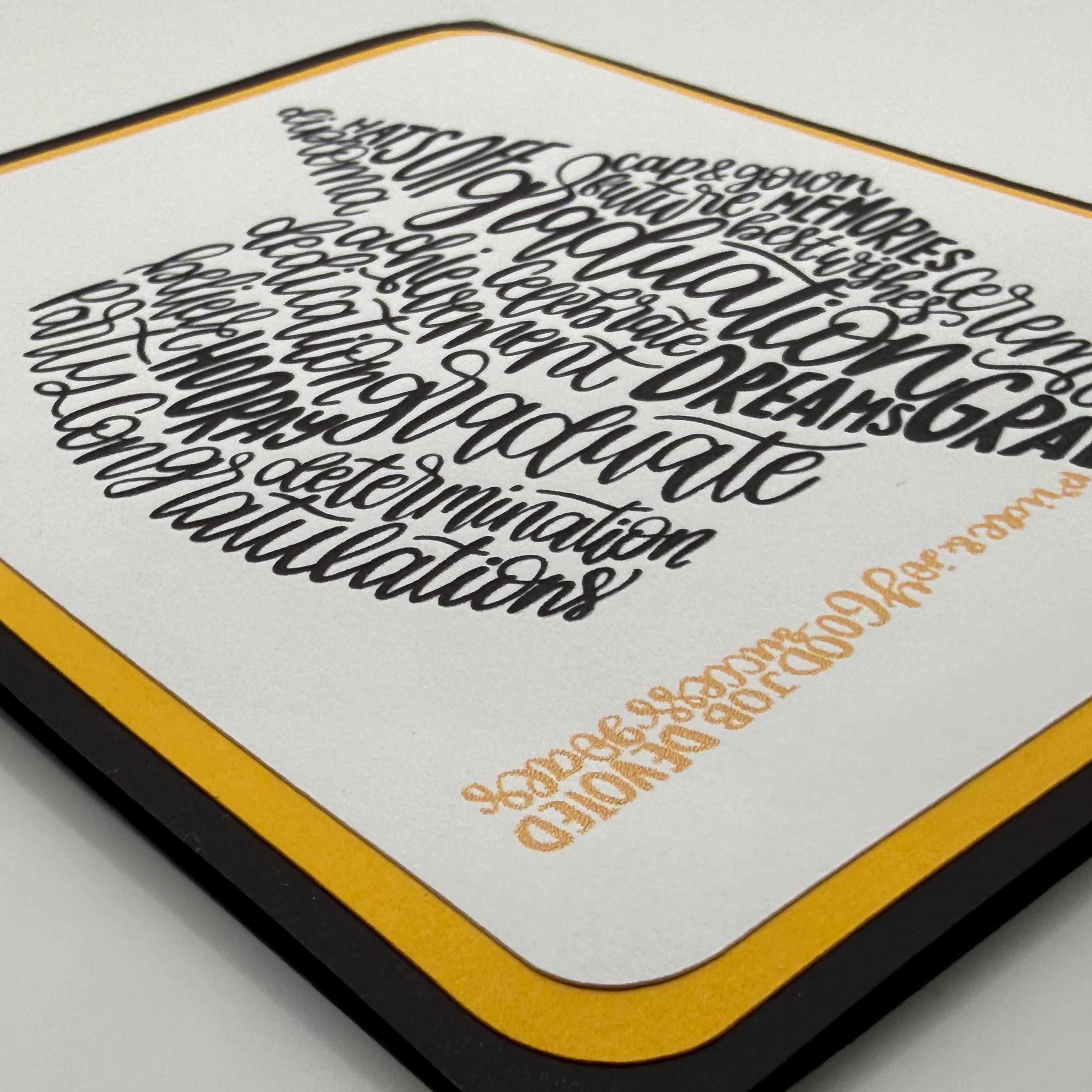 Graduation Card – Mortarboard Word Art in Black & Gold