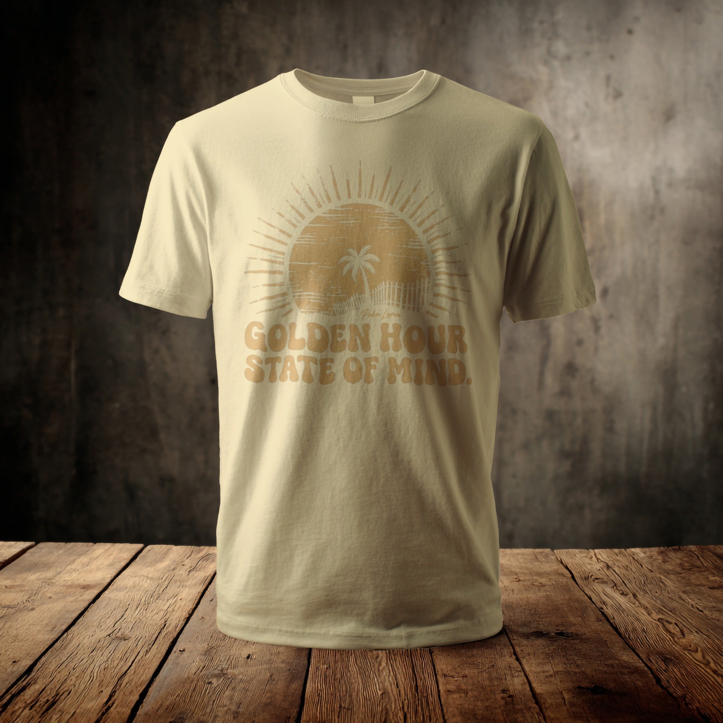 Cream t-shirt with sunburst and text "GOLDEN HOUR STATE OF MIND."