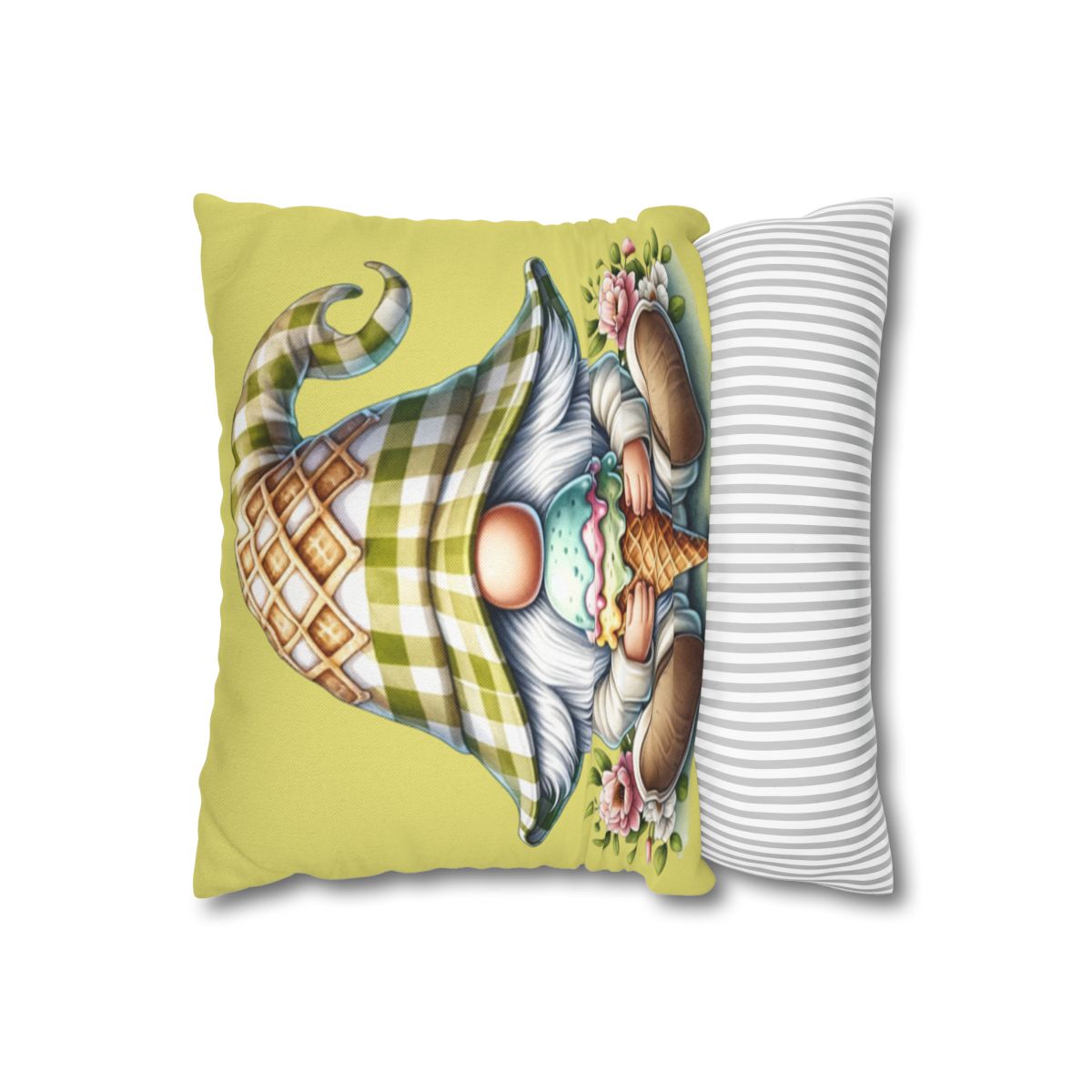 Gnome wearing a checkered hat eating ice cream, with a striped pillow.