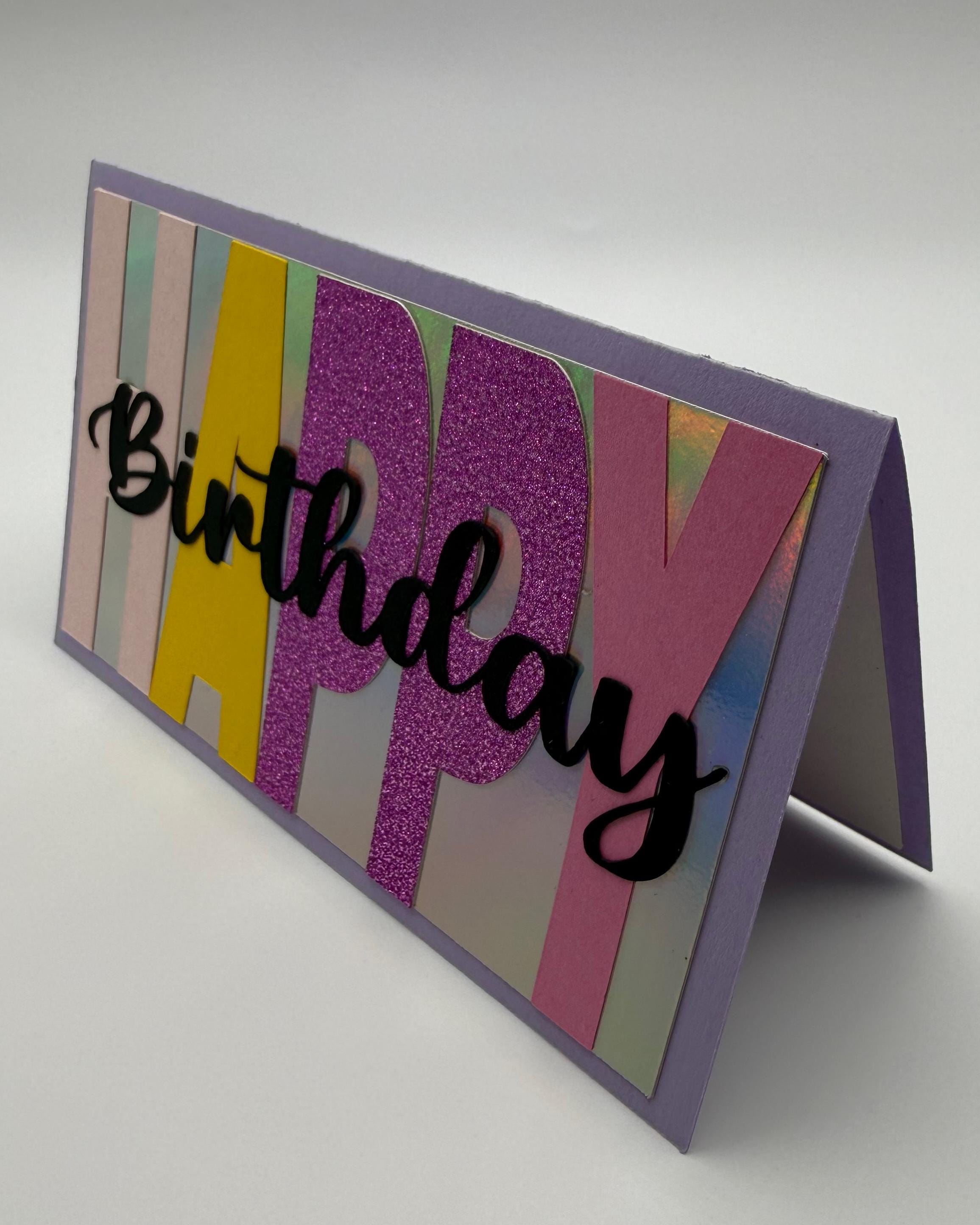 Handmade Happy Birthday Card | Purple Glitter & Holographic Accents