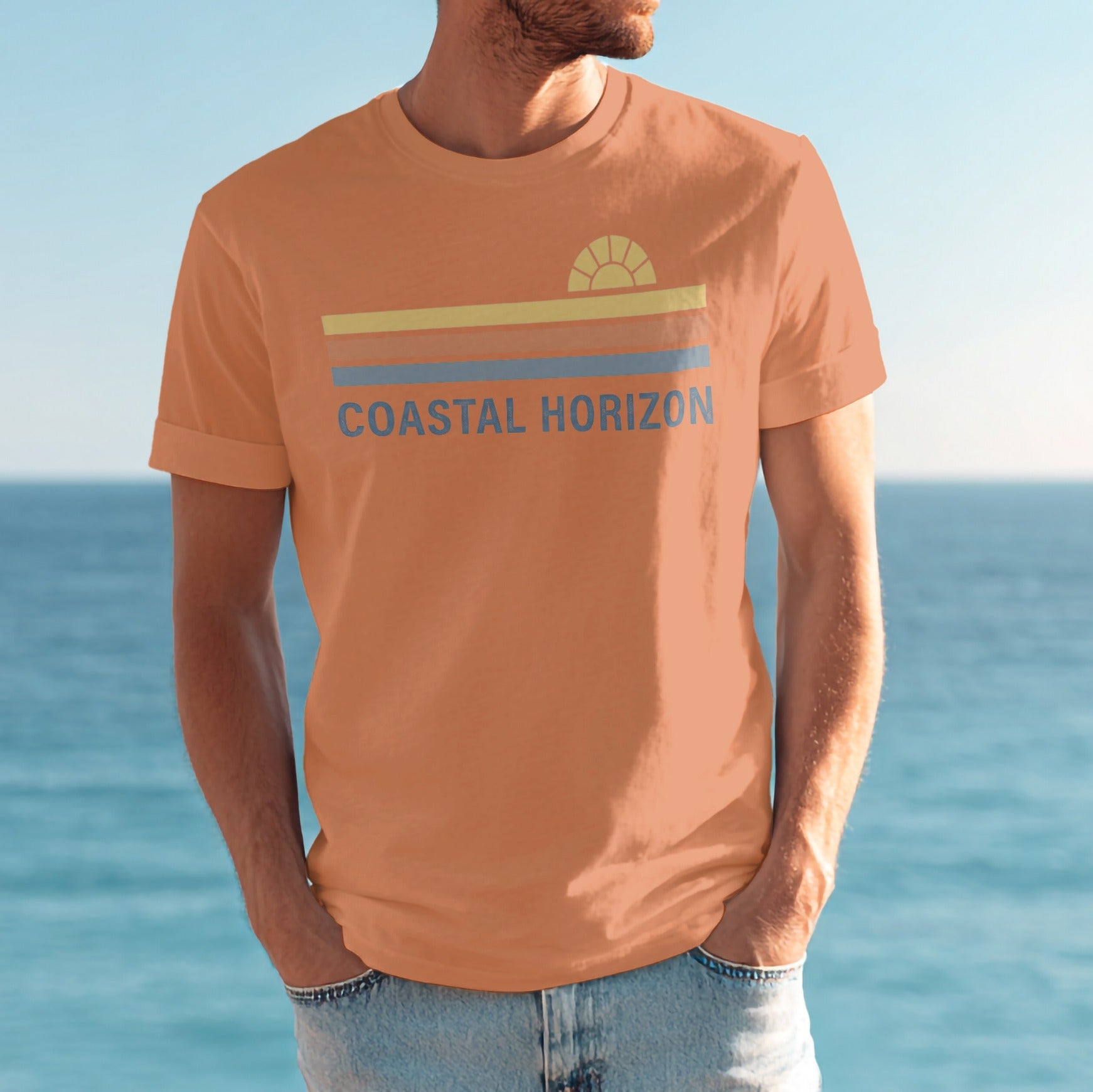 Orange t-shirt with "COASTAL HORIZON" text and striped sunset graphic.
