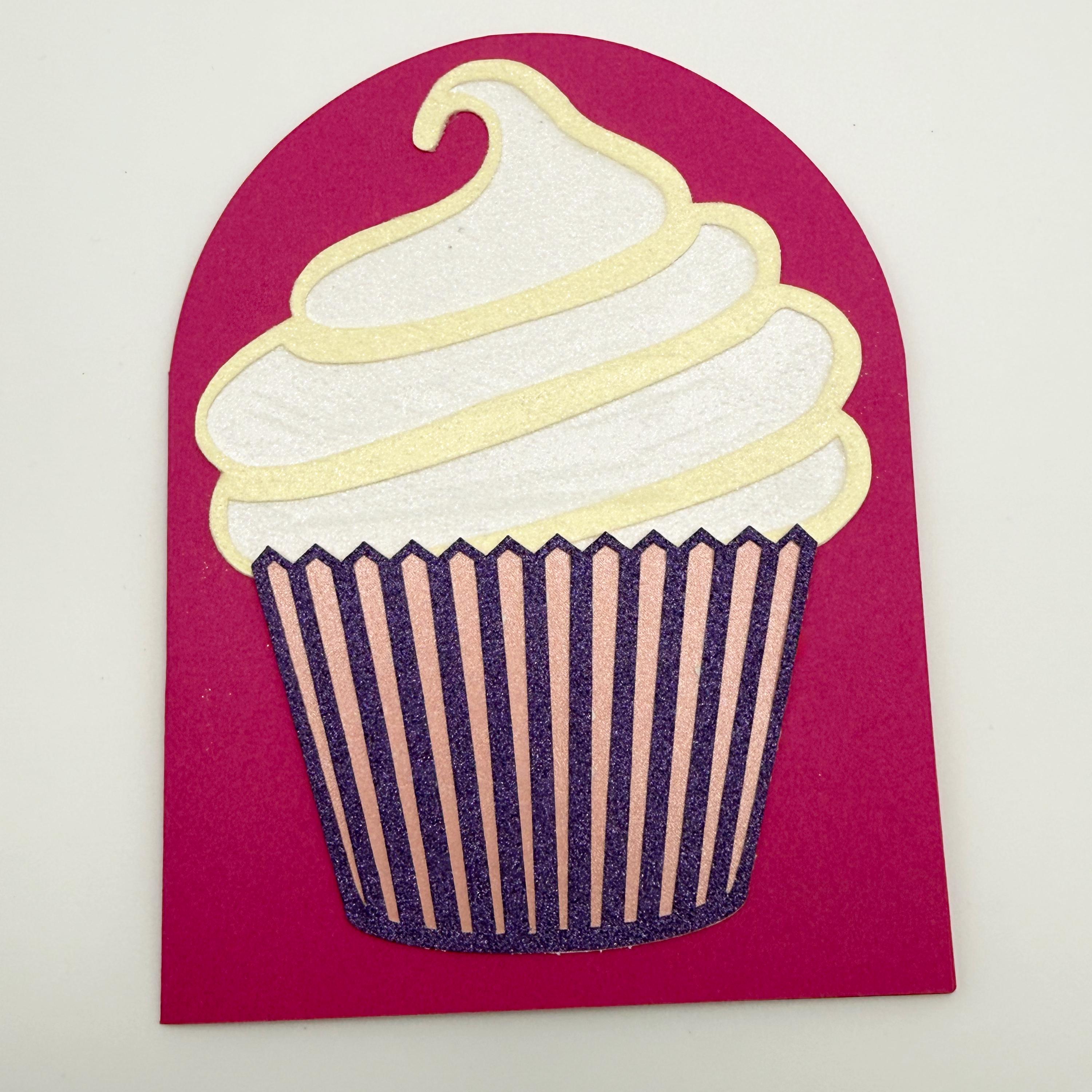 Handmade Glitter Cupcake Birthday Card – Pink Purple Layered 3D Greeting (Arched Top)