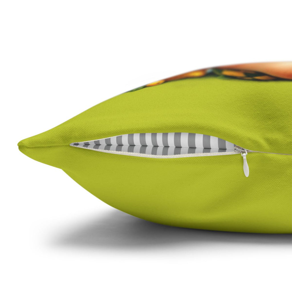 Lime green pillow with visible zipper and striped lining.