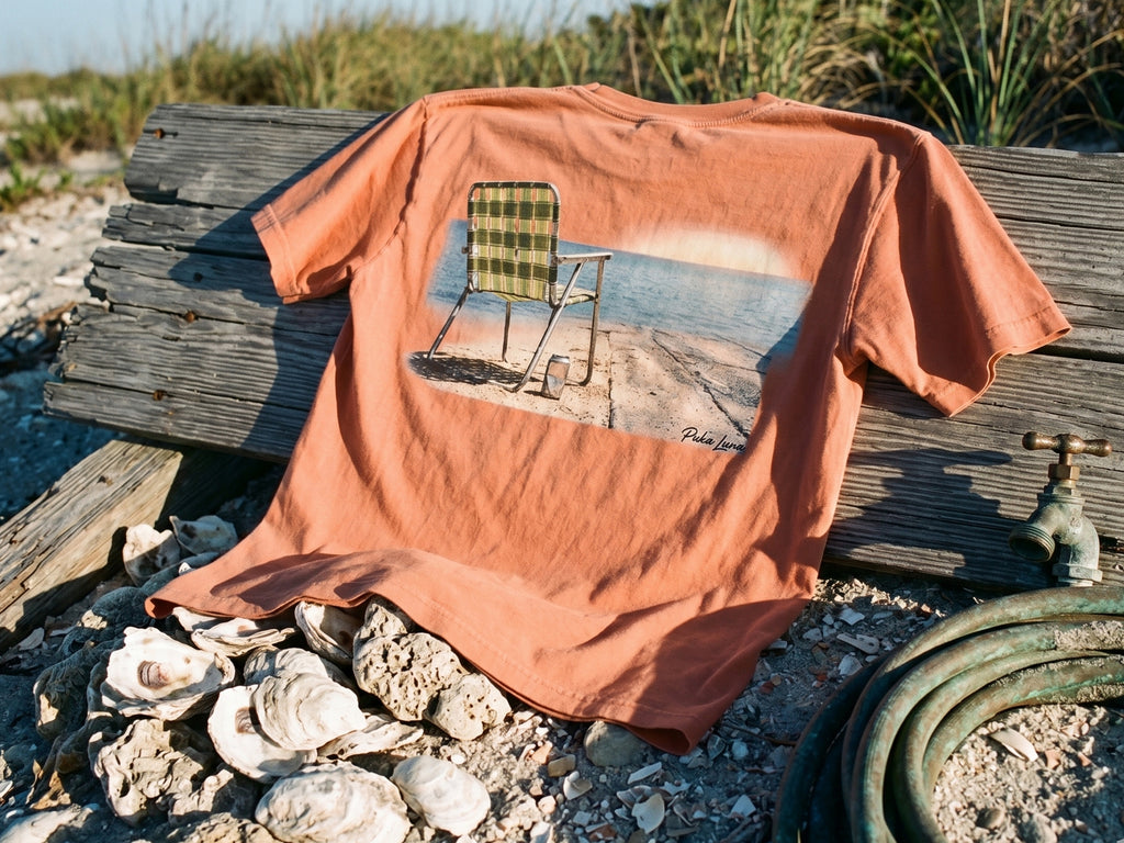 Orange t-shirt with a beach chair graphic and Paka Hawaii text.