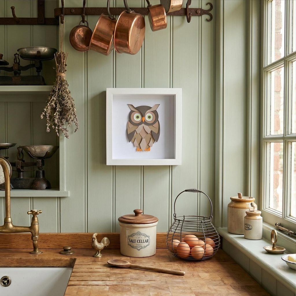 3D Layered Paper Art Owl Shadow Box – 8x8 Handmade Mid-Century Wall & Desk Decor