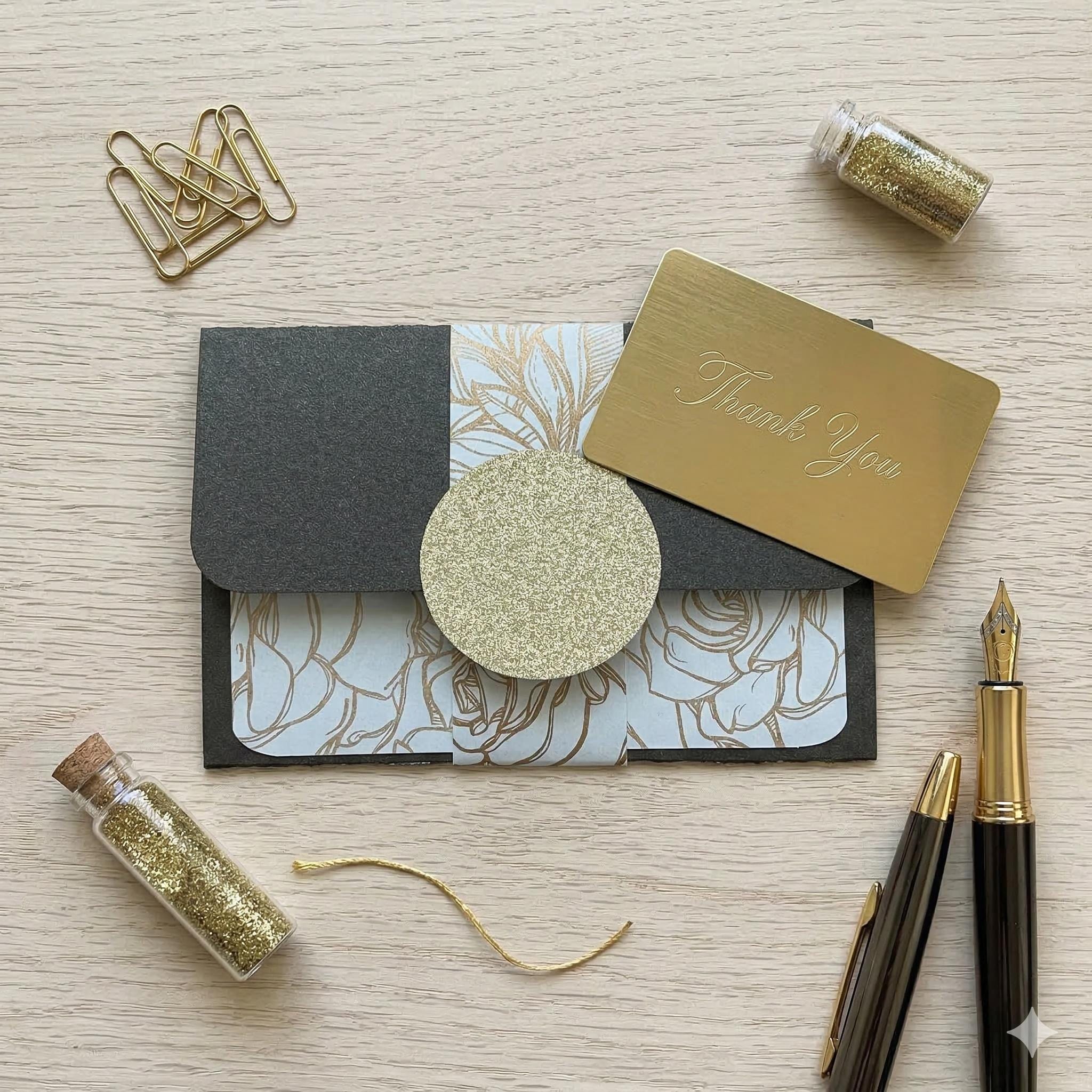 Gift Card Holder – Olive Green Floral & Gold Glitter Handmade Wallet