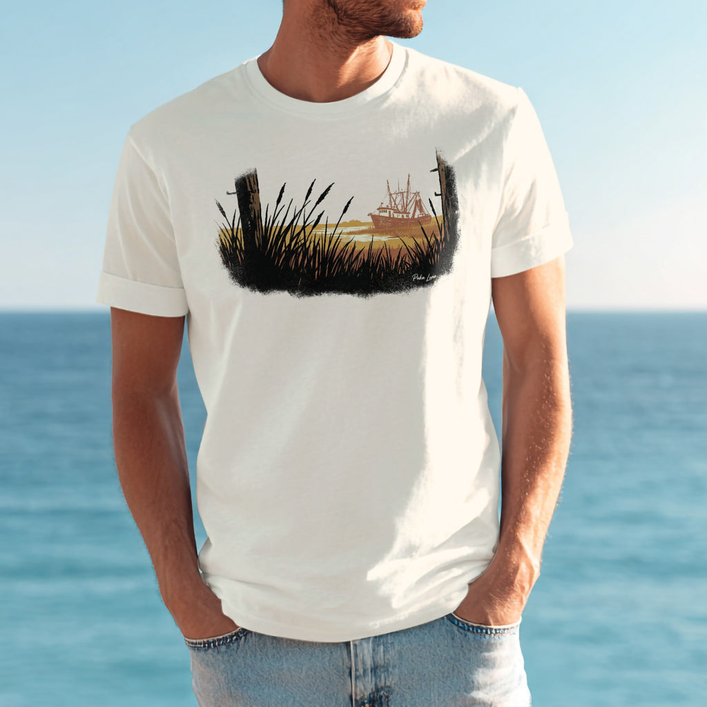 White t-shirt with graphic of a ship behind tall grass and fence posts.