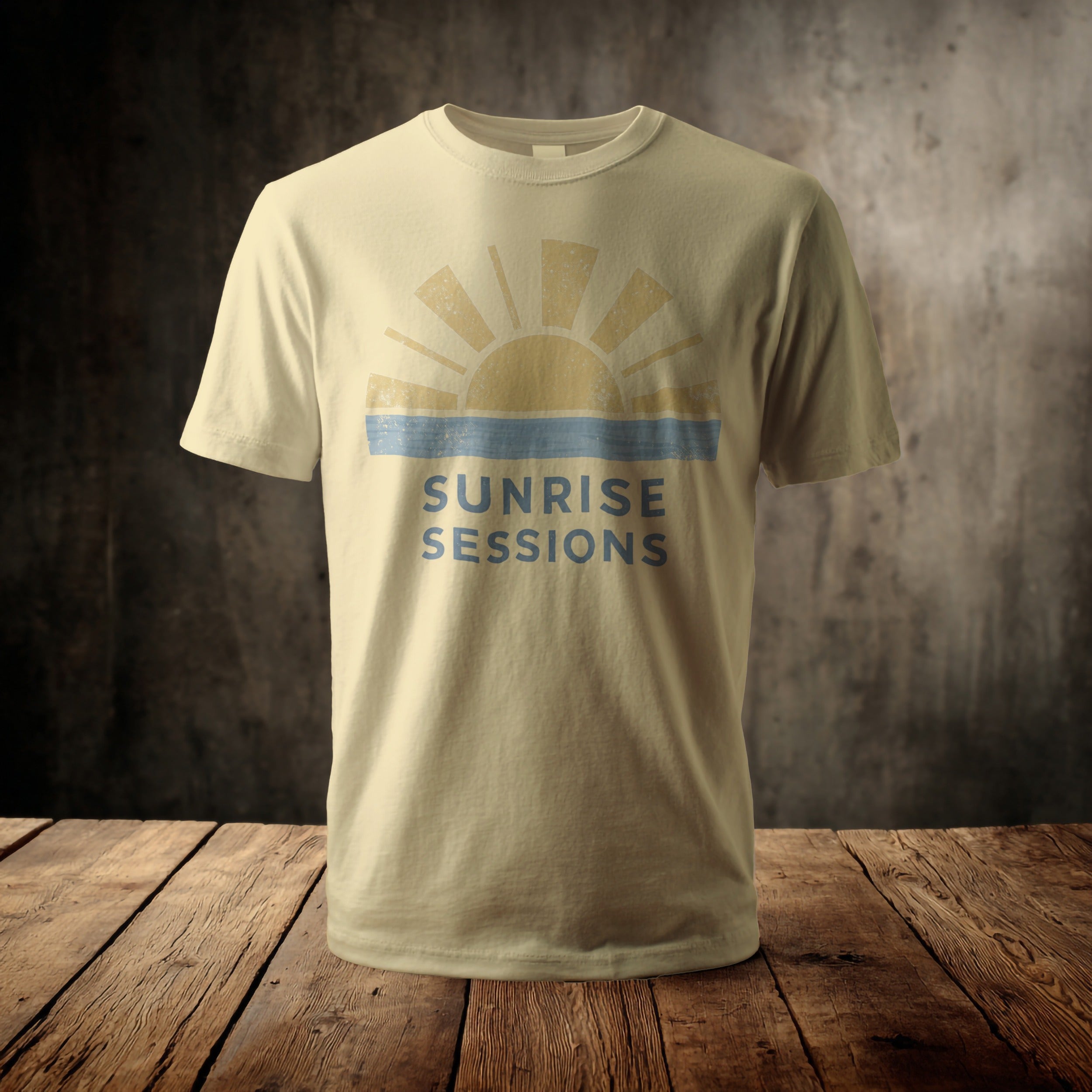 Cream t-shirt with "SUNRISE SESSIONS" text and a sun graphic.