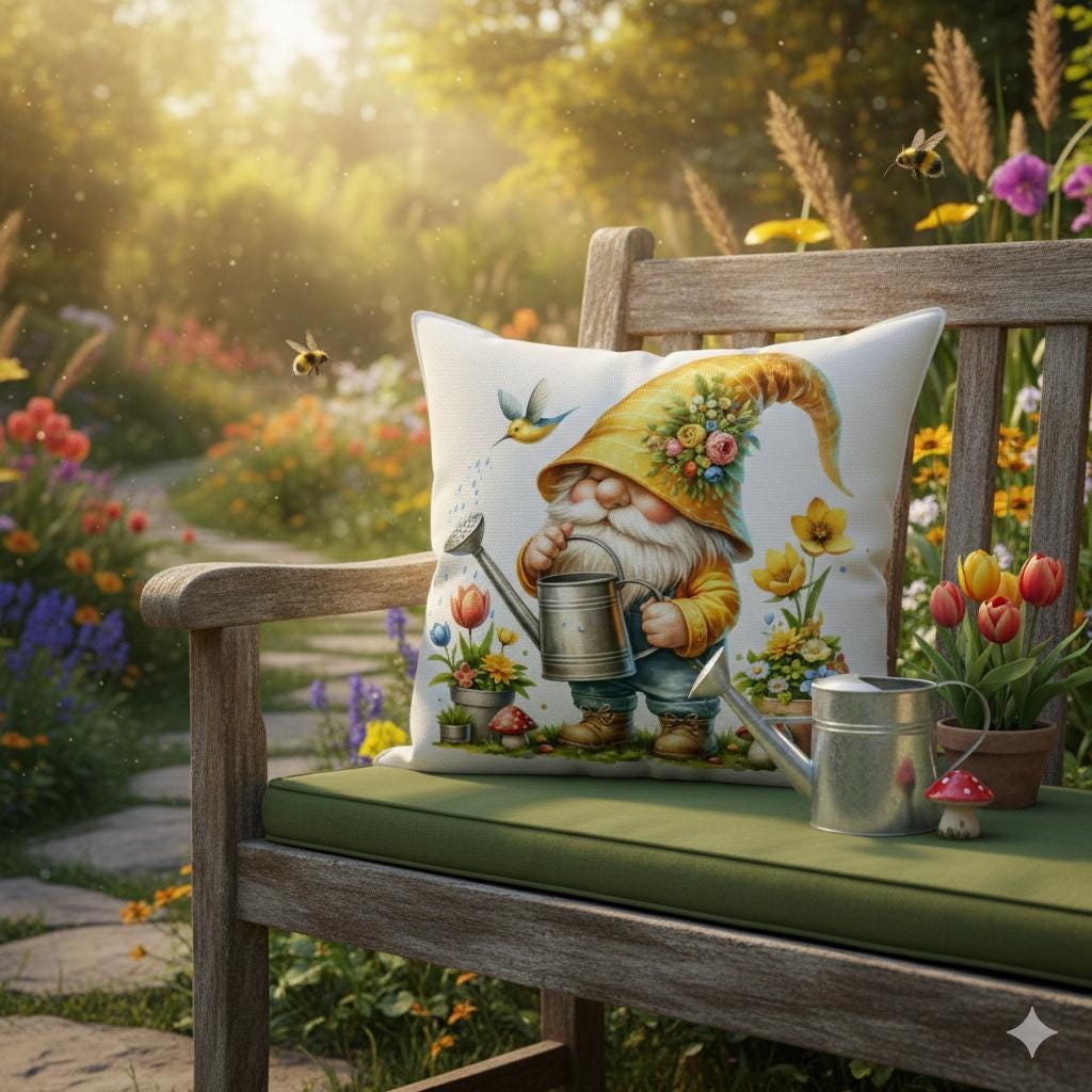 Watering Can Gnome Pillow Cases – Garden Gnome Whimsical Home Decor