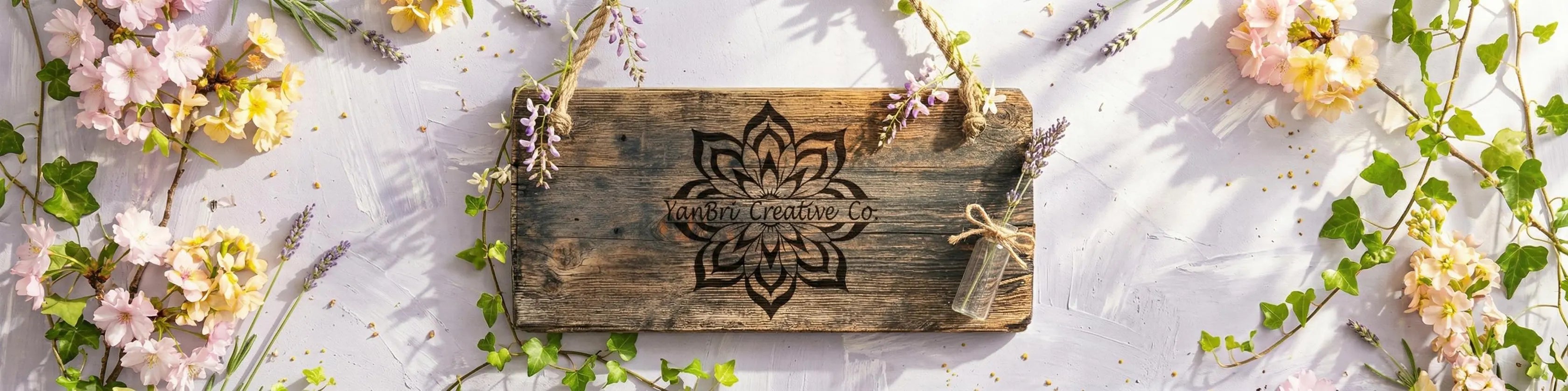 Wooden sign with a floral design on a white surface with flowers and greenery.